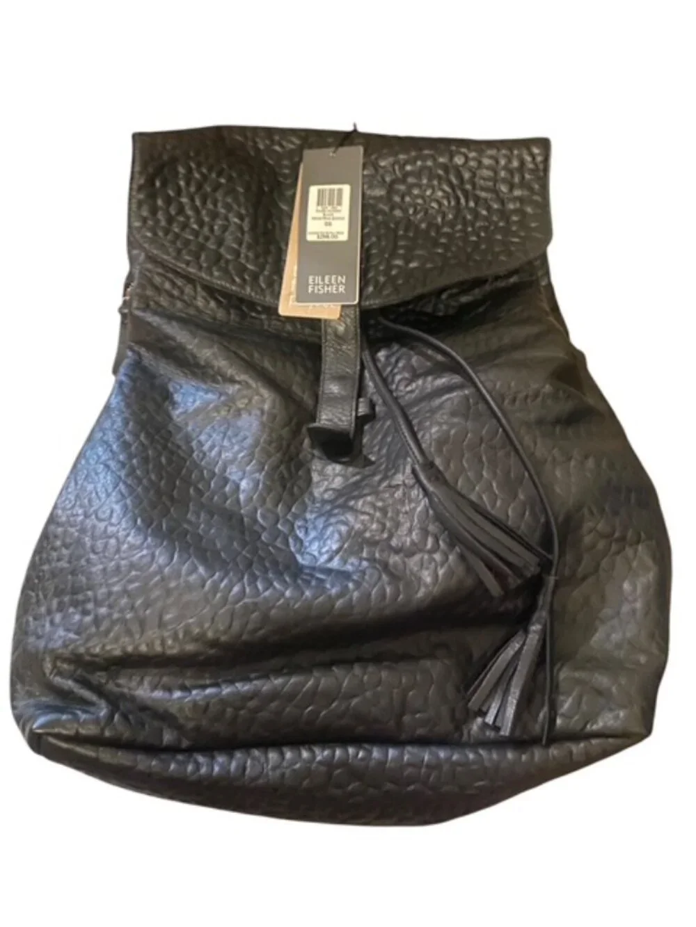 NWT Eileen Fisher Black Pebbled Leather Tassel Backpack- includes dustbag